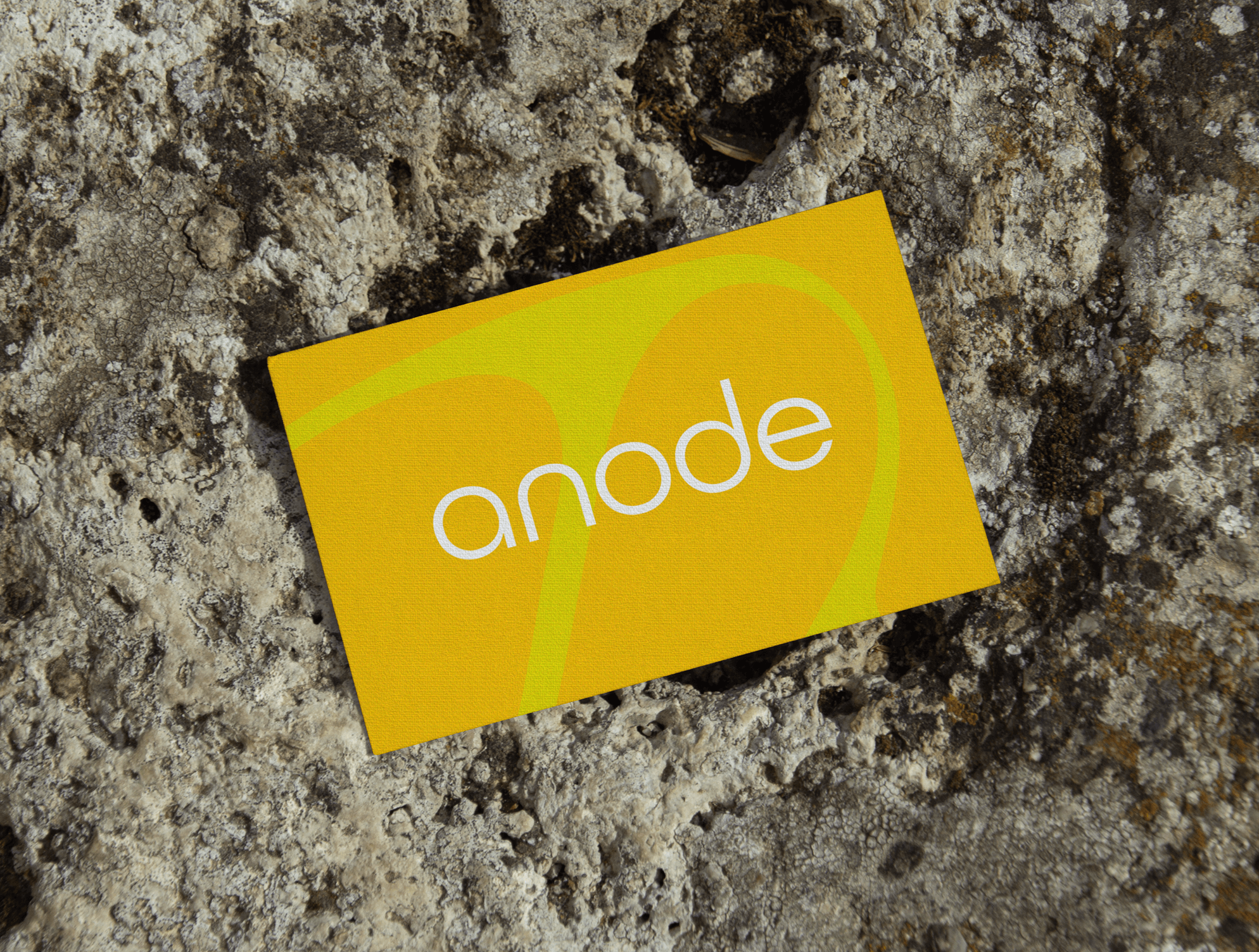 Carte de visite jaune sur roche.